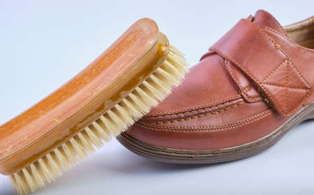 Shoe Brush on top of Tan Cushion casual Walk Touch Fasten Wide Fit Shoe