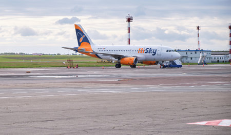 Airplane HiSky aviation company parking on airport from Chisinau, Moldova, 2022のeditorial素材