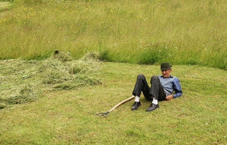 Peasant resting on a grass field. The photo was taken in Maramures area, north Romania in 2007.            のeditorial素材