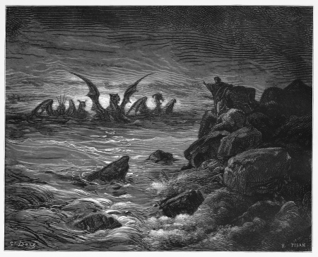 Daniel's vision of the four beasts - Picture from The Holy Scriptures, Old and New Testaments books collection published in 1885, Stuttgart-Germany. Drawings by Gustave Dore. のeditorial素材
