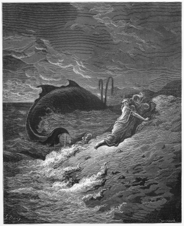 Jonah and the Whale - Picture from The Holy Scriptures, Old and New Testaments books collection published in 1885, Stuttgart-Germany. Drawings by Gustave Dore. のeditorial素材