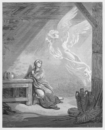 The Annunciation - Picture from The Holy Scriptures, Old and New Testaments books collection published in 1885, Stuttgart-Germany. Drawings by Gustave Dore.のeditorial素材