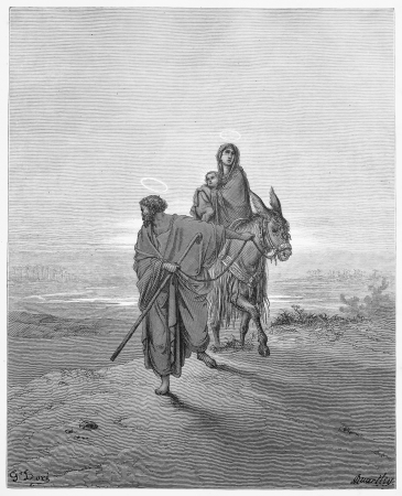 The Flight into Egypt - Picture from The Holy Scriptures, Old and New Testaments books collection published in 1885, Stuttgart-Germany. Drawings by Gustave Dore. のeditorial素材