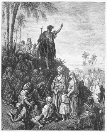 John the Baptist Preaches in the Wilderness - Picture from The Holy Scriptures, Old and New Testaments books collection published in 1885, Stuttgart-Germany. Drawings by Gustave Dore. のeditorial素材