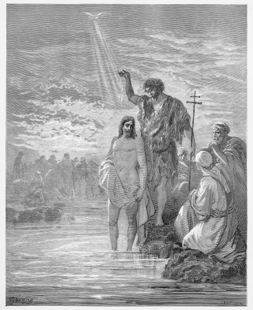 The Baptism of Jesus - Picture from The Holy Scriptures, Old and New Testaments books collection published in 1885, Stuttgart-Germany. Drawings by Gustave Dore. のeditorial素材