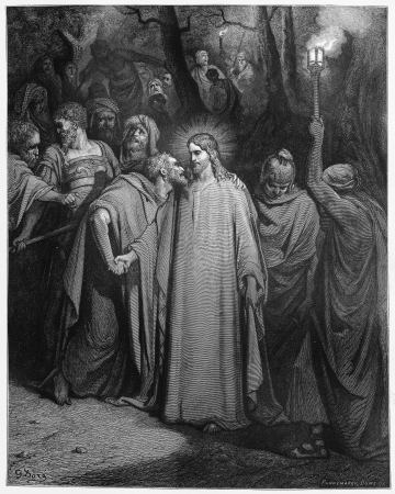 The Kiss of Judas - Picture from The Holy Scriptures, Old and New Testaments books collection published in 1885, Stuttgart-Germany. Drawings by Gustave Dore. のeditorial素材