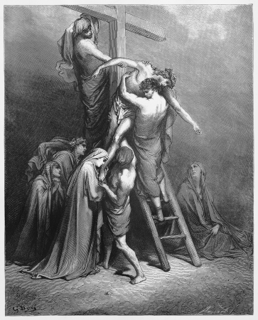 Joseph of Arimathea brings Jesus down from the cross - Picture from The Holy Scriptures, Old and New Testaments books collection published in 1885, Stuttgart-Germany. Drawing by Gustave Dore. のeditorial素材