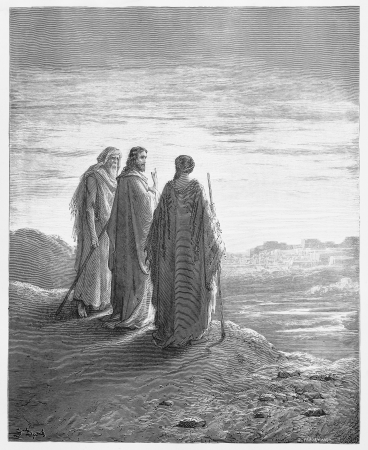 The disciples encounter Jesus on the road to Emmaus - Picture from The Holy Scriptures, Old and New Testaments books collection published in 1885, Stuttgart-Germany. Drawings by Gustave Dore. のeditorial素材