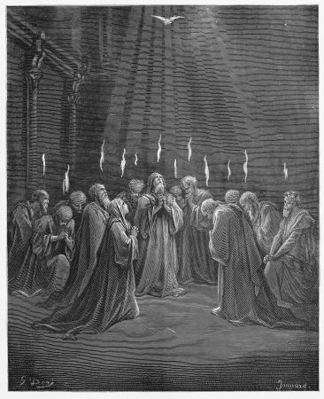 Descent of the Holy Spirit - Picture from The Holy Scriptures, Old and New Testaments books collection published in 1885, Stuttgart-Germany. Drawings by Gustave Dore. のeditorial素材