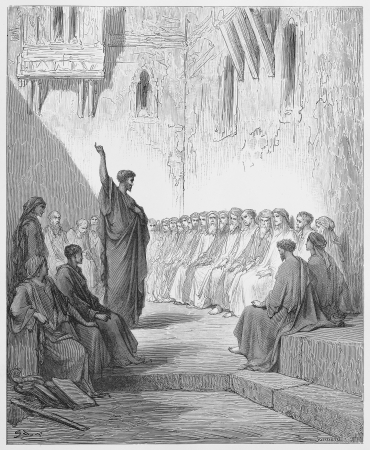 Paul Preaches to the Thessalonians - Picture from The Holy Scriptures, Old and New Testaments books collection published in 1885, Stuttgart-Germany. Drawings by Gustave Dore. のeditorial素材