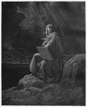 John on Patmos - Picture from The Holy Scriptures, Old and New Testaments books collection published in 1885, Stuttgart-Germany. Drawings by Gustave Dore. のeditorial素材
