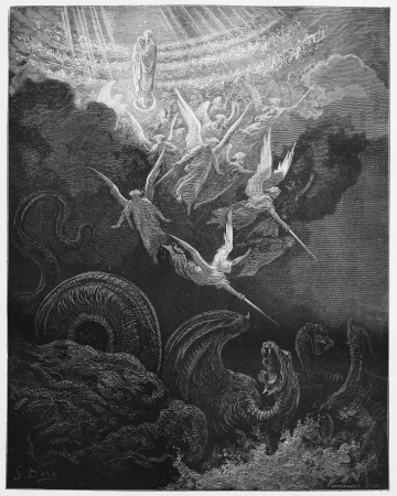 The Woman and Dragon - Picture from The Holy Scriptures, Old and New Testaments books collection published in 1885, Stuttgart-Germany. Drawings by Gustave Dore. のeditorial素材