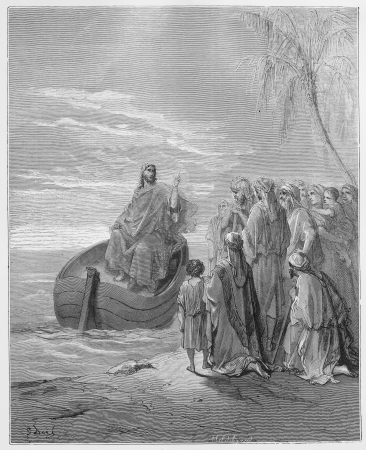 Jesus Preaching at the Sea of Galilee - Picture from The Holy Scriptures, Old and New Testaments books collection published in 1885, Stuttgart-Germany. Drawings by Gustave Dore. のeditorial素材