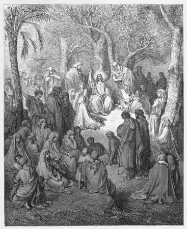 Jesus preaches the Sermon on the Mount - Picture from The Holy Scriptures, Old and New Testaments books collection published in 1885, Stuttgart-Germany. Drawings by Gustave Dore. のeditorial素材