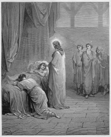 Jesus raises the daughter of Jairus from the dead - Picture from The Holy Scriptures, Old and New Testaments books collection published in 1885, Stuttgart-Germany. Drawings by Gustave Dore. のeditorial素材