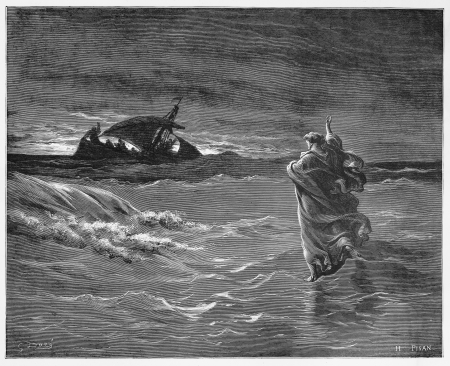 Jesus walks on the sea - Picture from The Holy Scriptures, Old and New Testaments books collection published in 1885, Stuttgart-Germany. Drawings by Gustave Dore.のeditorial素材