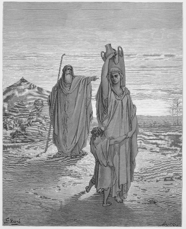 Abraham sends Hagar and Ishmael away - Picture from The Holy Scriptures, Old and New Testaments books collection published in 1885, Stuttgart-Germany. Drawings by Gustave Dore. のeditorial素材