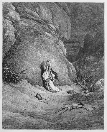Hagar and Ishmael in the wilderness - Picture from The Holy Scriptures, Old and New Testaments books collection published in 1885, Stuttgart-Germany. Drawings by Gustave Dore. のeditorial素材