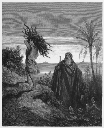 The testing of Abraham's faith - Picture from The Holy Scriptures, Old and New Testaments books collection published in 1885, Stuttgart-Germany. Drawings by Gustave Dore.のeditorial素材
