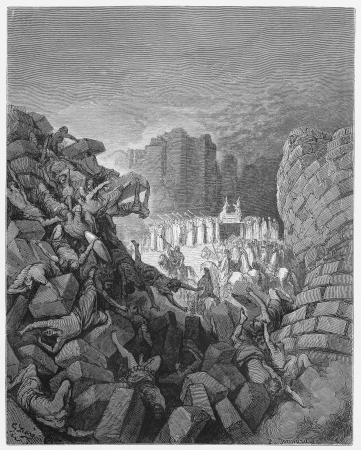 The walls of Jericho fall down - Picture from The Holy Scriptures, Old and New Testaments books collection published in 1885, Stuttgart-Germany. Drawings by Gustave Dore. のeditorial素材