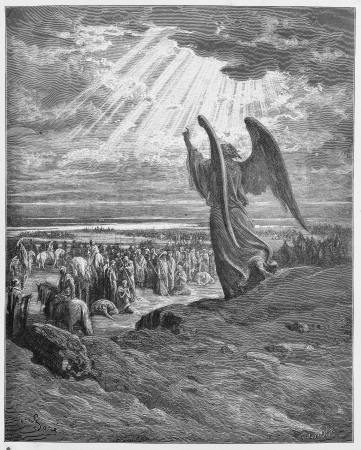 An Angel appears to the Israelites - Picture from The Holy Scriptures, Old and New Testaments books collection published in 1885, Stuttgart-Germany. Drawings by Gustave Dore. のeditorial素材
