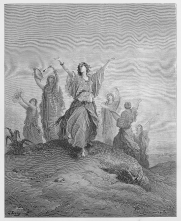 Jephthah`s daughter comes to meet her father - Picture from The Holy Scriptures, Old and New Testaments books collection published in 1885, Stuttgart-Germany. Drawings by Gustave Dore. のeditorial素材
