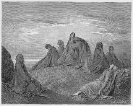 Israelite women mourn with Jephthah`s daughter - Picture from The Holy Scriptures, Old and New Testaments books collection published in 1885, Stuttgart-Germany. Drawings by Gustave Dore.のeditorial素材
