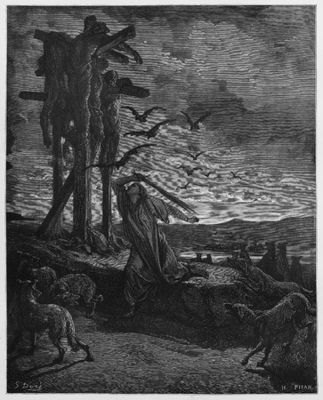 Rizpah kindness toward the dead - Picture from The Holy Scriptures, Old and New Testaments books collection published in 1885, Stuttgart-Germany. Drawings by Gustave Dore. のeditorial素材