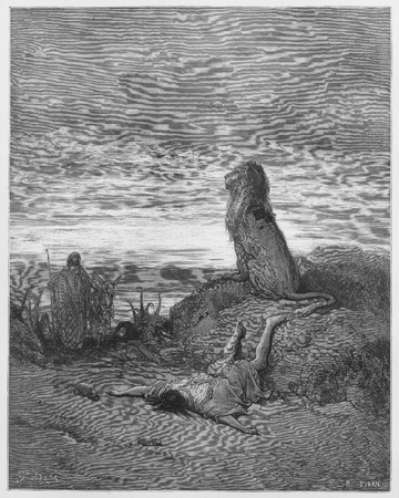 The disobedient prophet is slain by a lion - Picture from The Holy Scriptures, Old and New Testaments books collection published in 1885, Stuttgart-Germany. Drawings by Gustave Dore. のeditorial素材