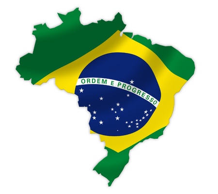 Map of Brazil with waving flag isolated on white の写真素材