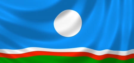 Flag of Russian federal Sakha  Yakutia  Republic waving in the wind detail の写真素材