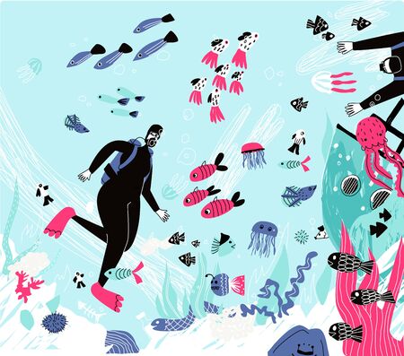 People snorkeling flat vector illustrationのイラスト素材