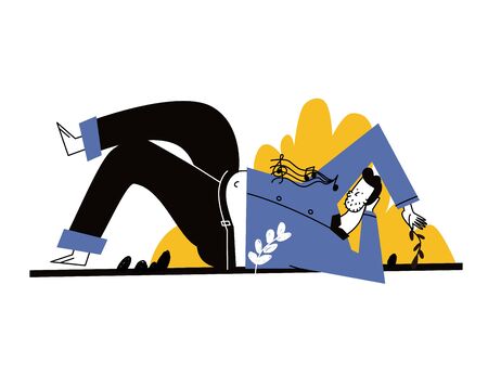 Apathetic young man lying on soilのイラスト素材
