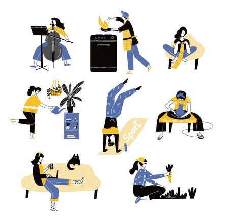 Collection of people enjoying their hobbies - home gardening, culinary, sewing, floristics,pottery, writing, violoncello playing. Colorful vector illustration in flat cartoon style.のイラスト素材