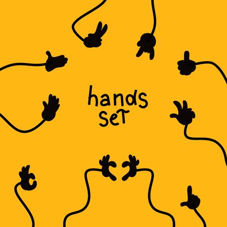 of cartoon gestures hand shape. black key stroke graphic art design isolated on white. concept of stop, help, rock, symbol v, right left, animated number one, two, three, four, five, zeroのイラスト素材