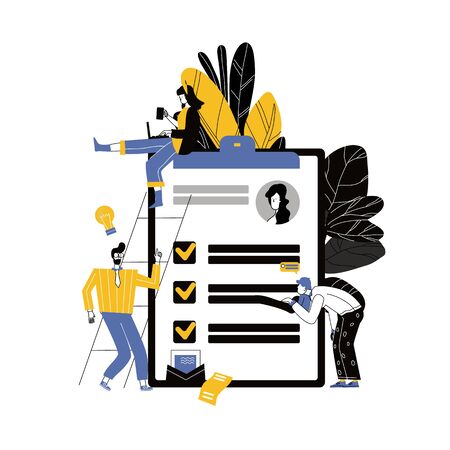 Concept for candidates for vacancies, review of summaries. small people are studying the application form. vector illustration design on white backgroundのイラスト素材