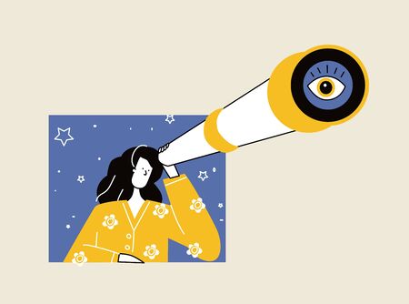 Vector cartoon illustration of woman hold giant big binocular on white background. Flat characterのイラスト素材