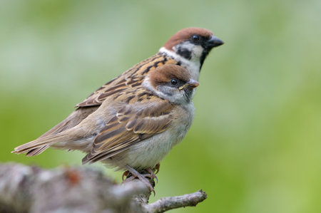 Adult and young Eurasian tree sparrows (passer montanus) posing together for family portrait