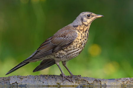 Young Fieldfare thrush (turdus pilaris) posing on some branch in light sunny dayの写真素材