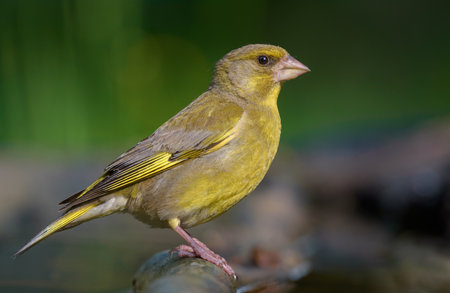 Male European Greenfinch (Chloris chloris) sitting on old branch with green background and sweet morning lightの写真素材