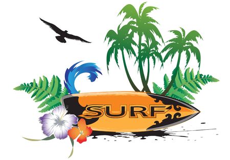 Surf background with surfers and palm treesのイラスト素材