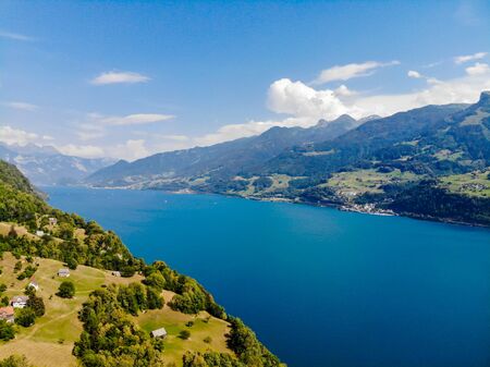 Aerial view on Walensee (Lake Walen) nearby Beltis, Weesen, Amden. Canton St. Galen, Glarus,...