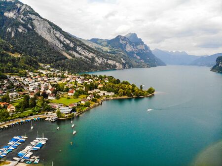 Aerial view on Walensee (Lake Walen) in Weesen, nearby Beltis, Amden. Canton St. Galen, Glarus, Switzerland.の写真素材