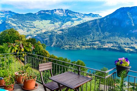 View on Walensee (Lake Walen), Amden, Beltis from Obstalden. Canton St. Galen, Glarus, Switzerland.