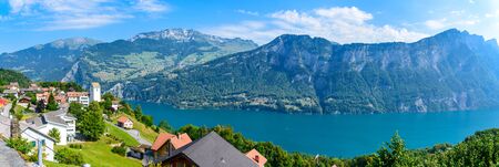 Panoramic view on Walensee (Lake Walen), Amden, Beltis from Obstalden. Canton St. Galen, Glarus, Switzerland.の写真素材