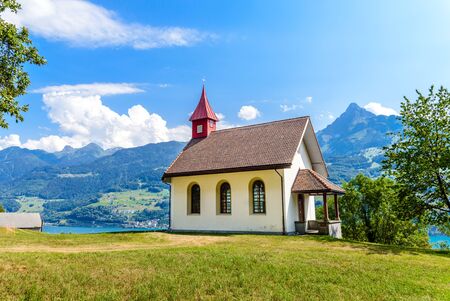 Kapelle, Church on Walensee (Lake Walen) in Beltis near Weesen, Amden. St. Galen, Glarus, Switzerlandの写真素材