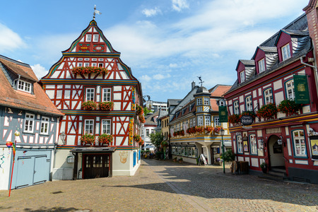 29 August 2019: Colorful Half-timbered (Fachwerkhaus) house, houses, Hotel, restaurant nearby...