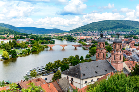 beautiful postcard View from castle on old german town Miltenberg am Main river, St. Jacob catholic church, main bridge.     Odenwald, Bavaria, Germanyのeditorial素材