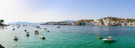 Panorama view on the mediterranean sea with boats, sailboats, mountains, blue sky. Santa Ponsa,...