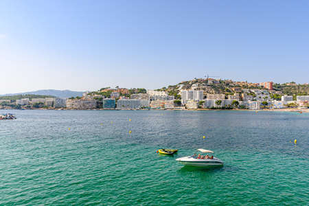Santa Ponsa, Mallorca, Spain. View on the sea with boats, sailboats, mountains, blue skyの写真素材